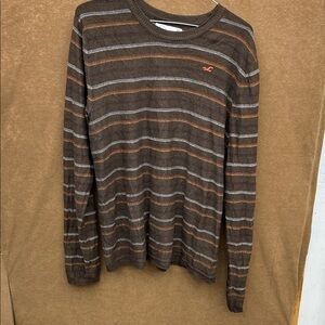 Hollister Brown Striped Long-Sleeve Crewneck Shirt with Orange Logo